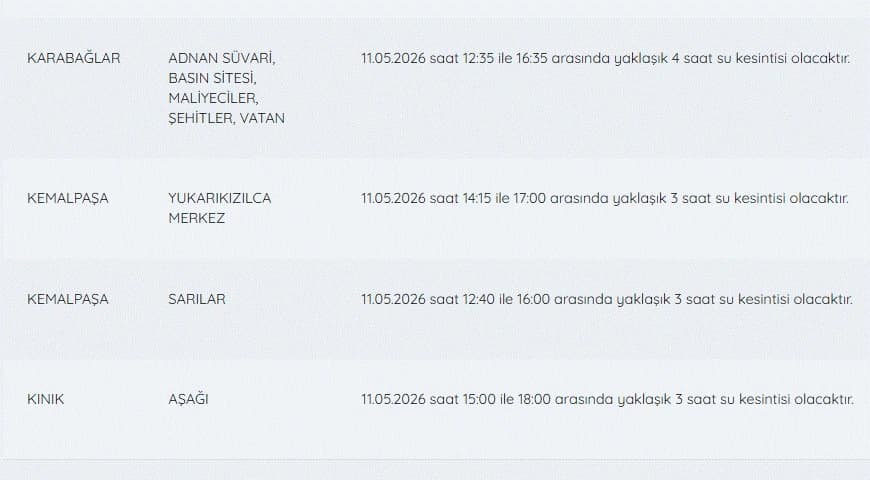 İZSU kesintiler listesi | 11 Mayıs bugün İzmir'de su kesintisi var mı, nerelerde, ne zaman düzelecek?