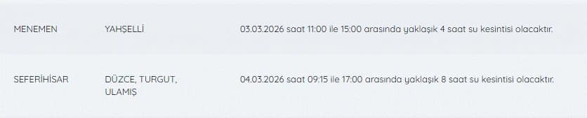 İzmir'de su kesintisi var mı, hangi ilçelerde, ne zaman düzelecek? 4 Mart İZSU kesintileri listesi