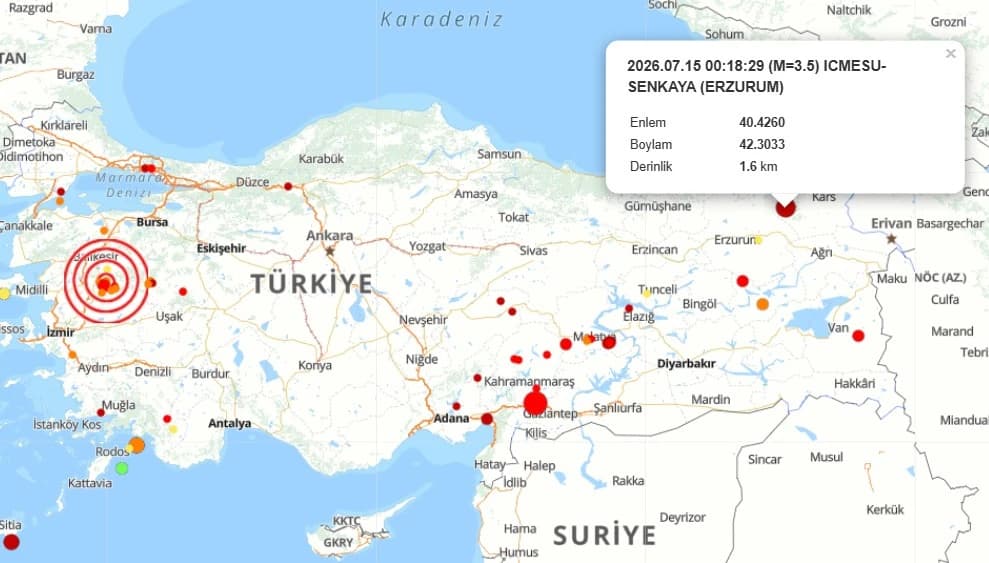 Kandilli Rasathanesi son depremler haritası