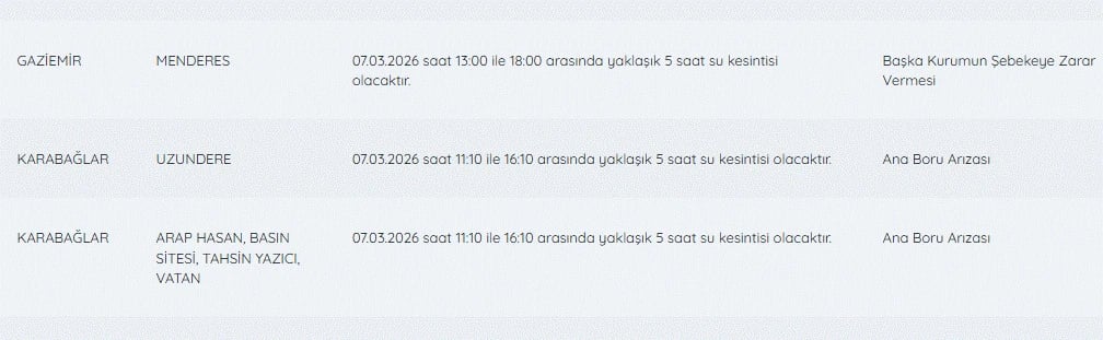 İZSU kesintiler listesi 7 Mart | Bugün İzmir su kesintisi listesinde hangi ilçeler var, ne zaman düzelecek?