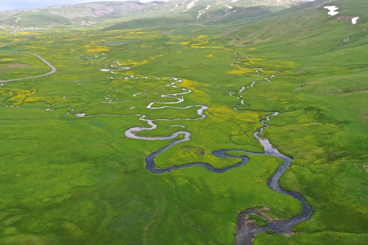 Ağrı'da ilkbahar güzelliği: Karlar eridi, menderesler dronla görüntülendi