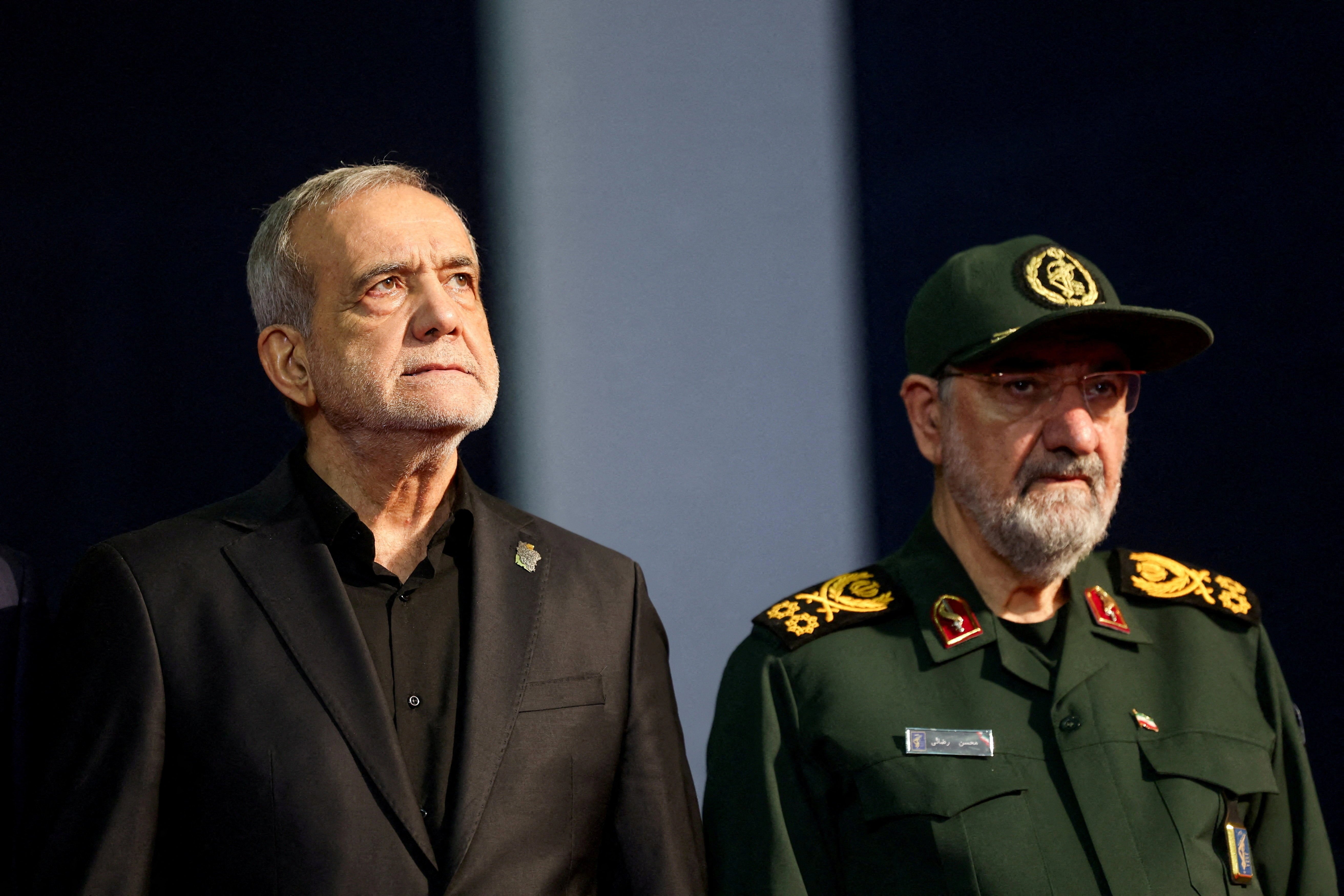 Iranian President Masoud Pezeshkian and Mohsen Rezaei in Tehran, July 3, 2026 - Reuters