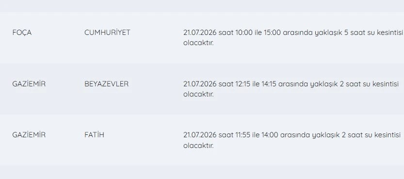 İZSU kesintiler listesi | 21 Temmuz İzmir'de su kesintisi var mı, sular ne zaman gelecek, hangi ilçelerde?