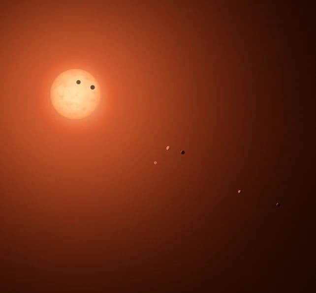 TRAPPIST -1 sistemi, kırmızı cüce bir yıldızın yörüngesinde bulunan yedi ötegezegenden oluşmaktadır. ( NASA )