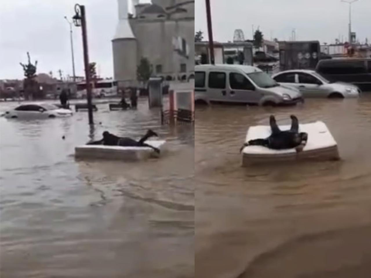 Göle dönen yolda yatakla gezdi