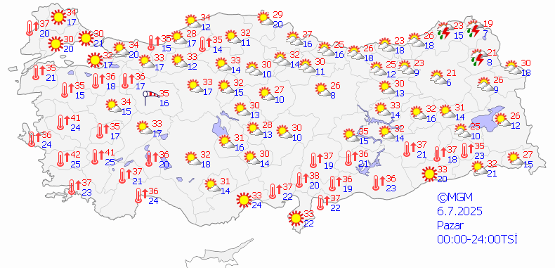 6 Temmuz Pazar günü ülkenin genelindeki hava durumu