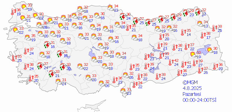 04.08.2025 Pazartesi Türkiye geneli hava durumu