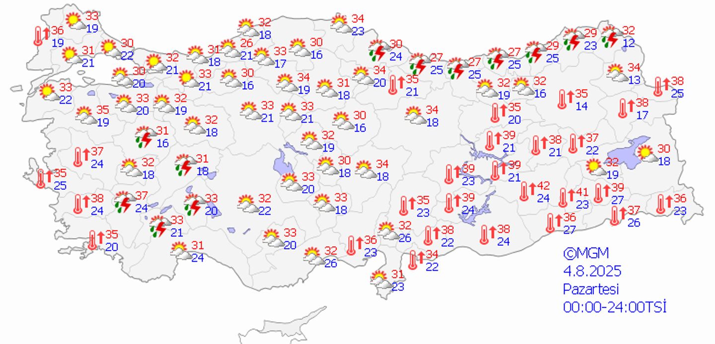 04.08.2025 Pazartesi Türkiye geneli hava durumu