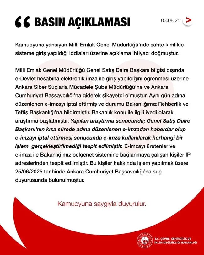 Çevre, Şehircilik ve İklim Değişikliği Bakanlığı açıklaması