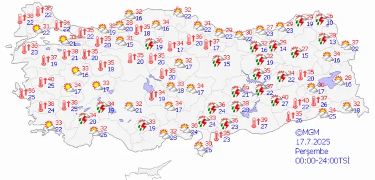 17 Temmuz Perşembe günü ülke genelinde hava durumu.