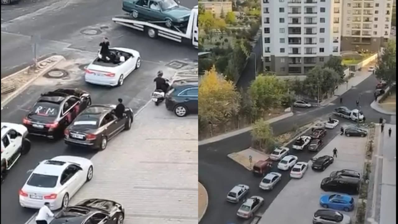 Düğün konvoyu yolu trafiğe kapattı diğer sürücüler ilerlemekte güçlük çekti.
