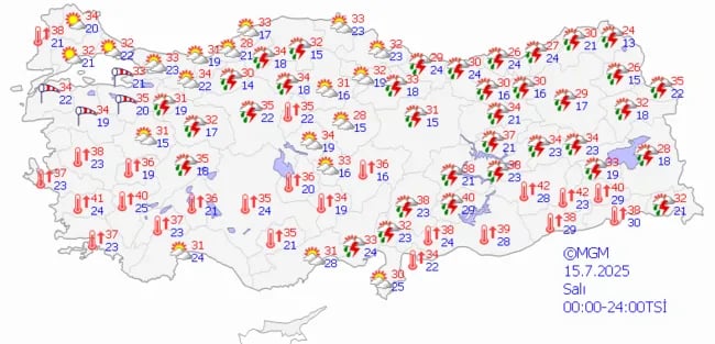 15 Temmuz Salı günü ülke genelinde hava durumu.