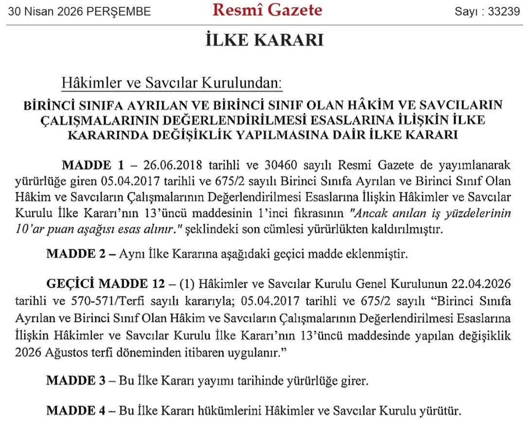 Hakim ve savcılar için yeni kriterler Resmi Gazete'de yayımlandı