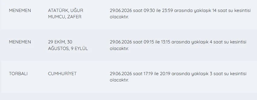 İZSU kesintiler listesi | 29 Haziran İzmir su kesintisi var mı, nerelerde, sular ne zaman gelecek?