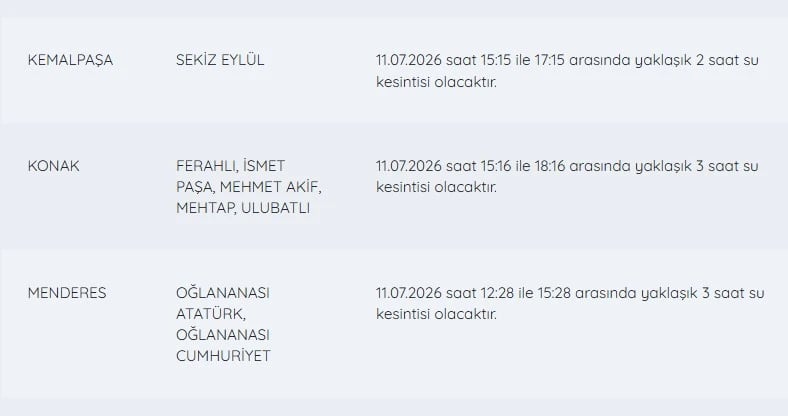 İZSU kesintiler listesi | 11 Temmuz bugün İzmir'de su kesintisi var mı, nerelerde, ne zaman düzelir?