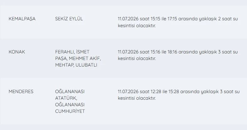 İZSU kesintiler listesi | 11 Temmuz bugün İzmir'de su kesintisi var mı, nerelerde, ne zaman düzelir?