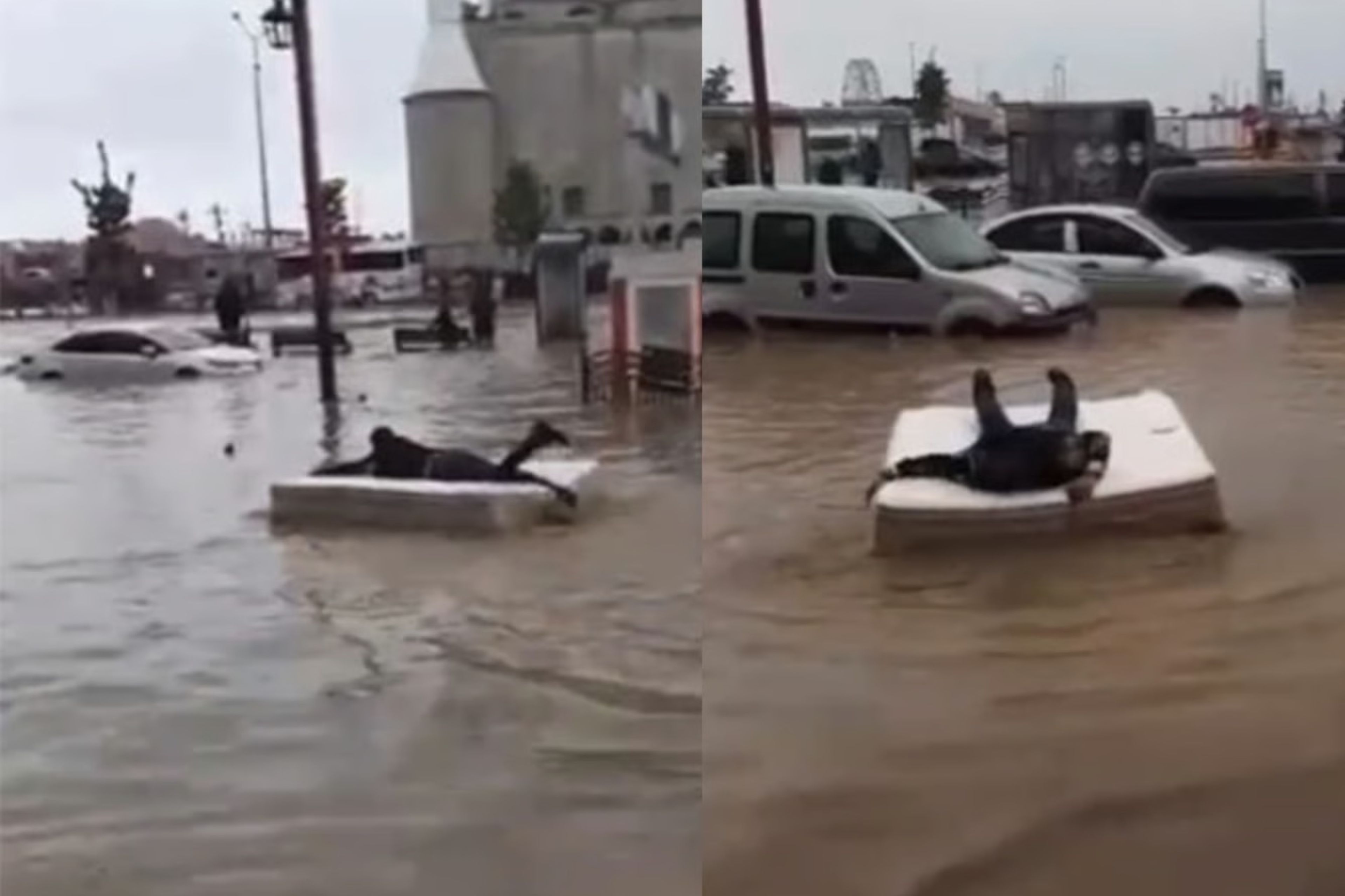Yatağı sal gibi kullanarak göle dönen yolda gezdi