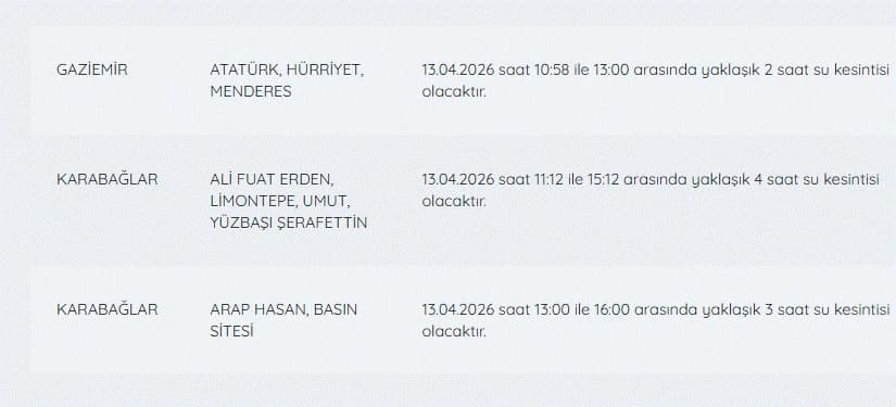 Bugün İzmir'de su kesintisi var mı, nerelerde, ne zaman düzelecek? 13 Nisan İZSU kesintiler listesi