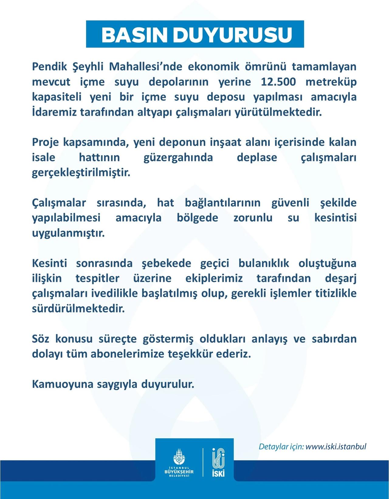 İSKİ Genel Müdürlüğü basın duyurusu