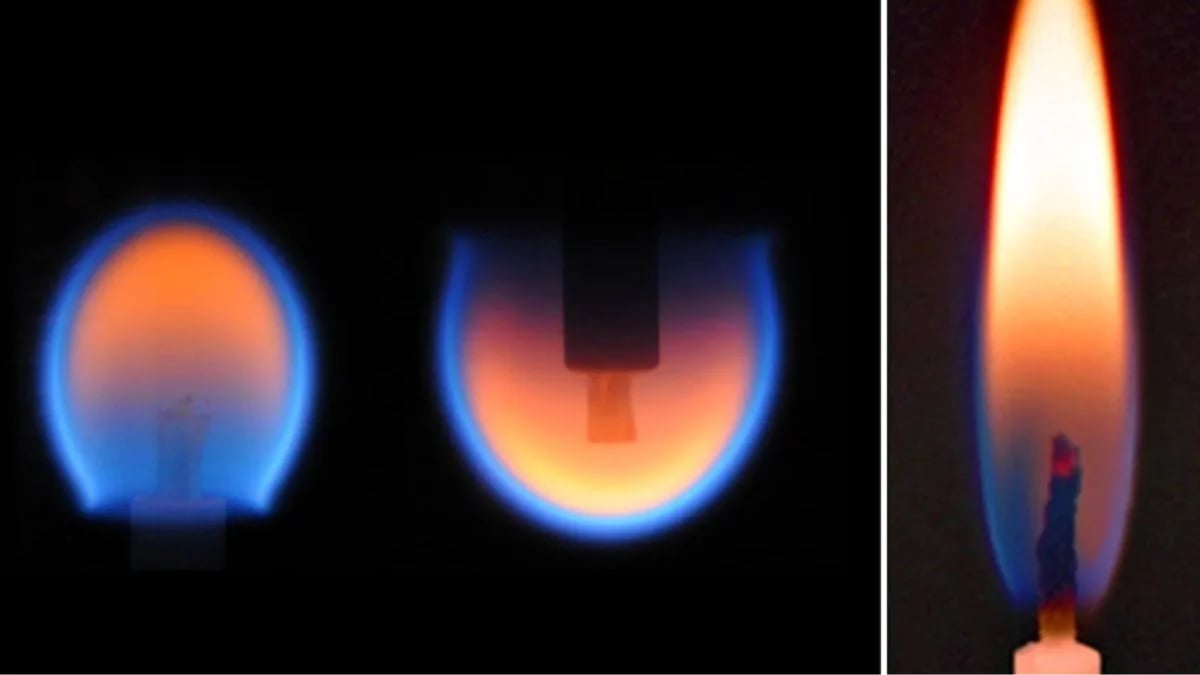 Uzayda oluşturulan küresel bir alev (solda) ve Dünya'da yanan bir mum alevi (sağda). (NASA)