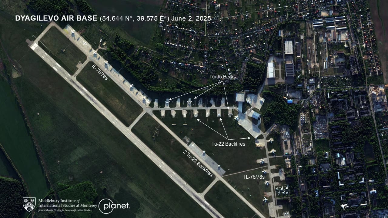 Satellite imagery captured June 2 from the Dyagilevo air base in Ryzan shows no serious damage, other than some burned grass. (Planet Labs/Middlebury Institute of International Studies at Monterey)