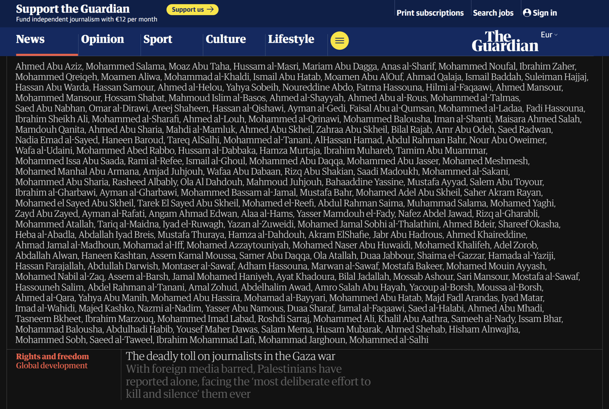 The Guardian gazetesi, Gazze'de öldürülen gazetecilerin isimlerini belgeledi. (The Guardian)