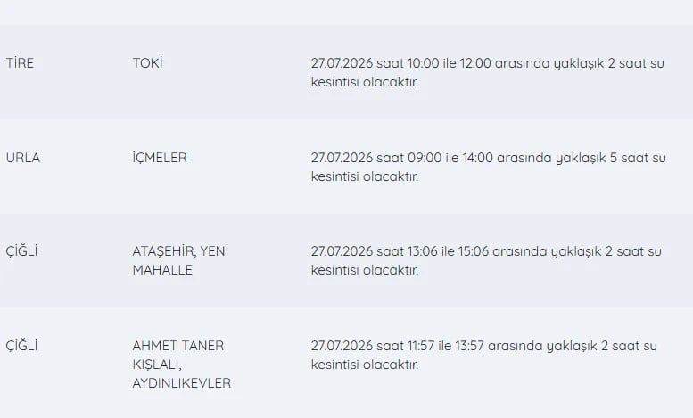 İZSU kesintiler listesi | 27 Temmuz İzmir su kesintileri listesinde hangi ilçeler var, ne zaman düzelecek?