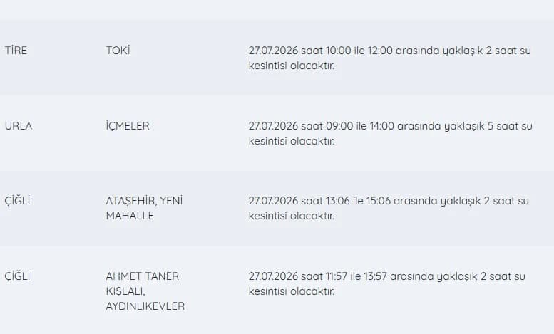İZSU kesintiler listesi | 27 Temmuz İzmir su kesintileri listesinde hangi ilçeler var, ne zaman düzelecek?