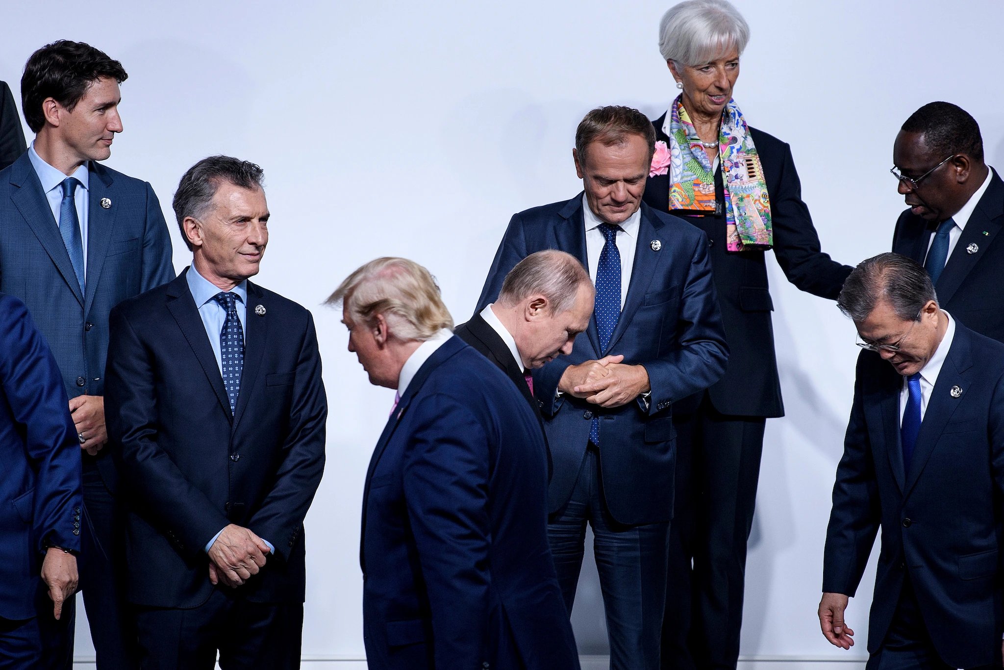 World leaders at the Group of 20 Summit in Osaka on June 28, 2019, prepare to take a joint photo.