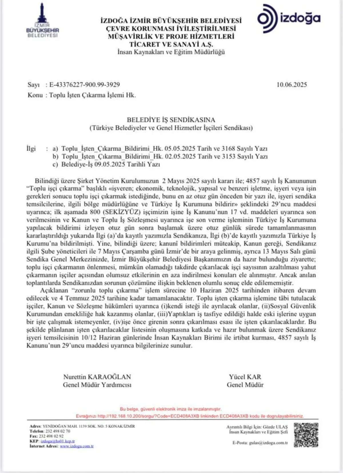 İZDOĞA'nın 800 işçiyi toplu işten çıkarma belgesi.