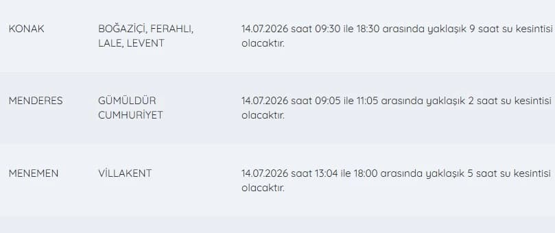 İZSU kesintiler listesi | 14 Temmuz İzmir'de su kesintisi var mı, nerelerde, ne zaman düzelecek?