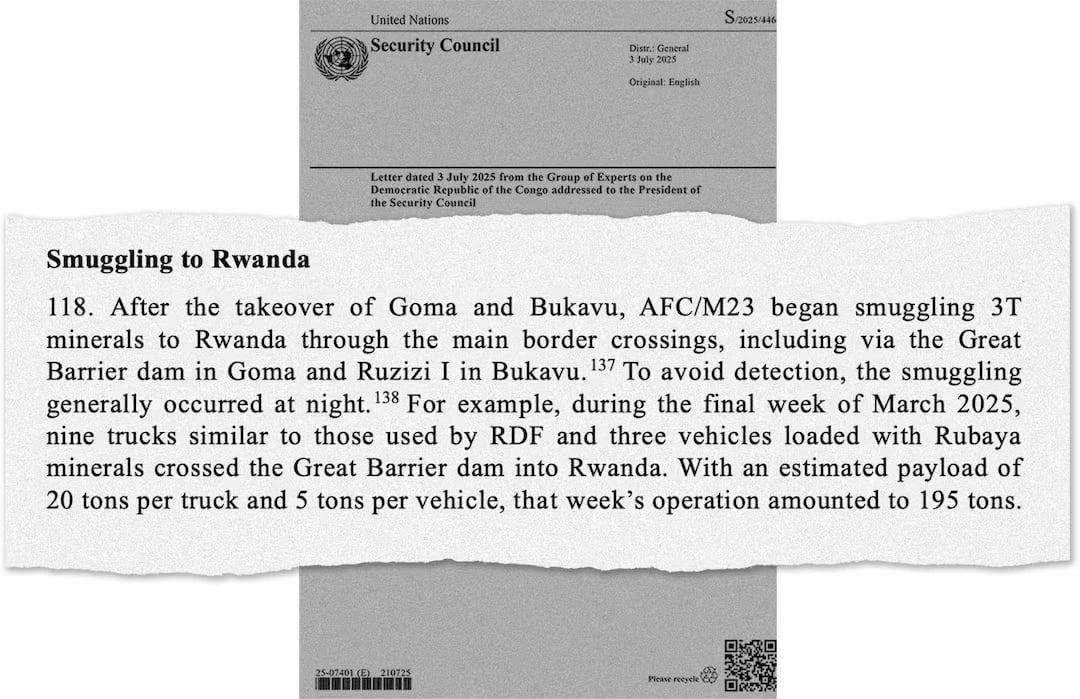 Congolese minerals have been smuggled into Rwanda by the truckload since M23 insurgents took control of two DRC border cities, according to a July United Nations report. United Nations via REUTERS