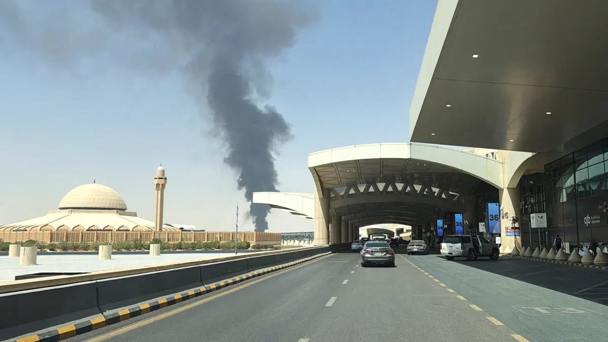 A fuel storage facility on fire near King Khalid International Airport in Riyadh, Sept. 19, 2026