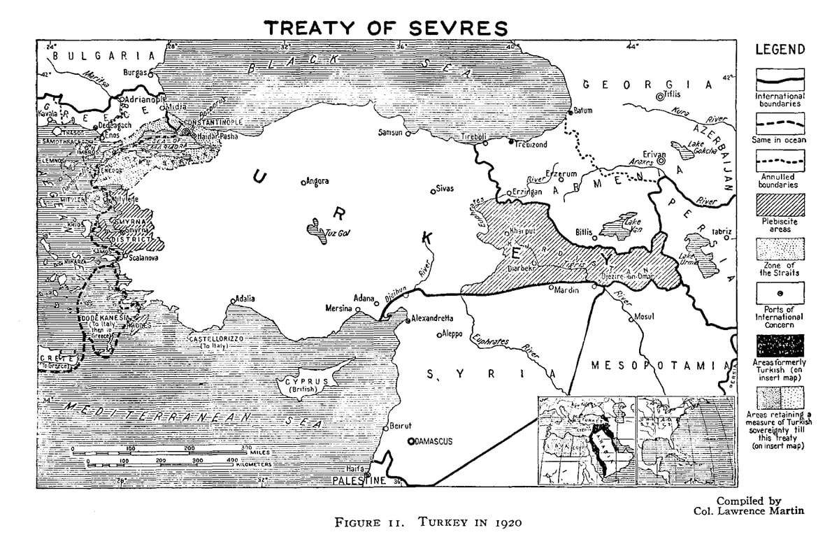 1920'de yapılmış bir haritada Osmanlı İmparatorluğu'nun sınırları