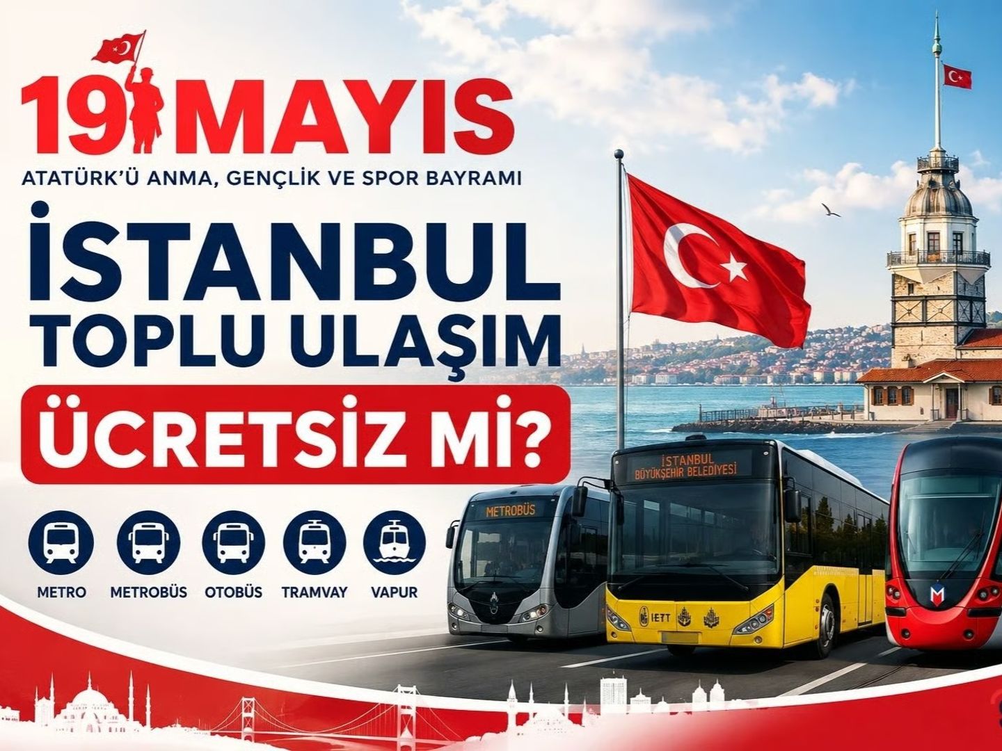 19 Mayıs otobüs ücretsiz mi? 19 Mayıs bugün metro, metrobüs, Marmaray ücretsiz mi?