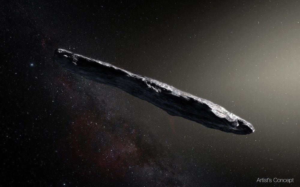 Keşfedilen ilk ISO olan Oumuamua'nın bir sanatçı illüstrasyonu. 2017'de Güneş Sistemimiz aracılığıyla geldi. 
