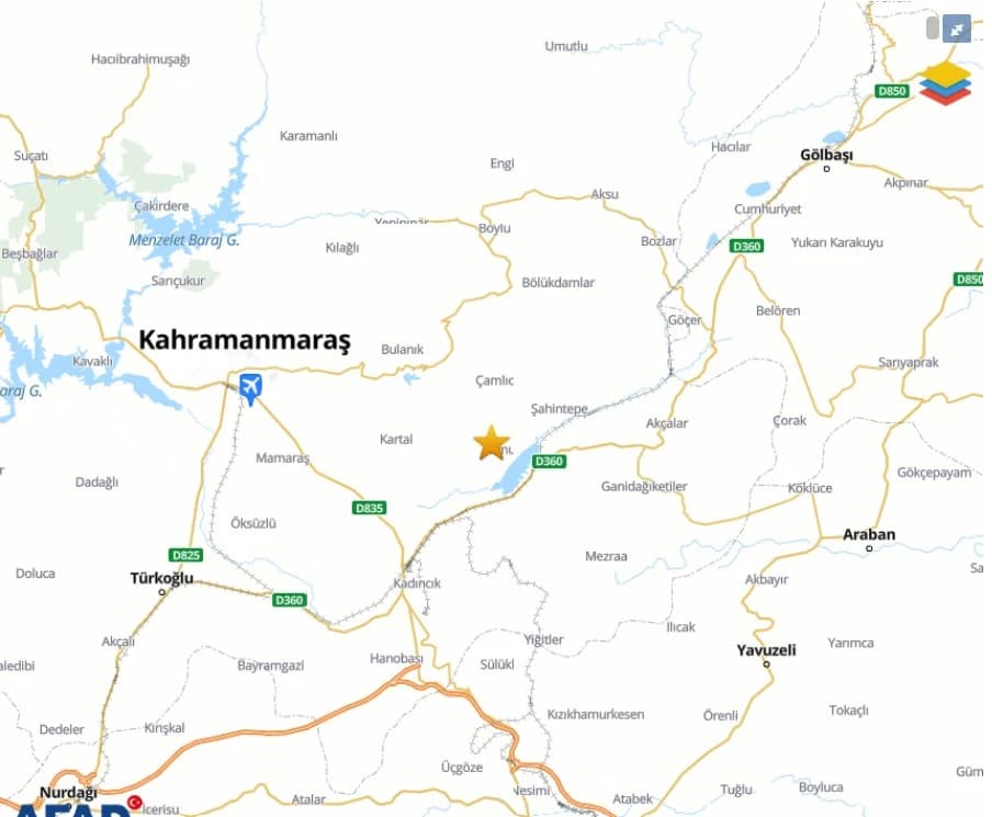AFAD Kahramanmaraş deprem merkez üssü haritası