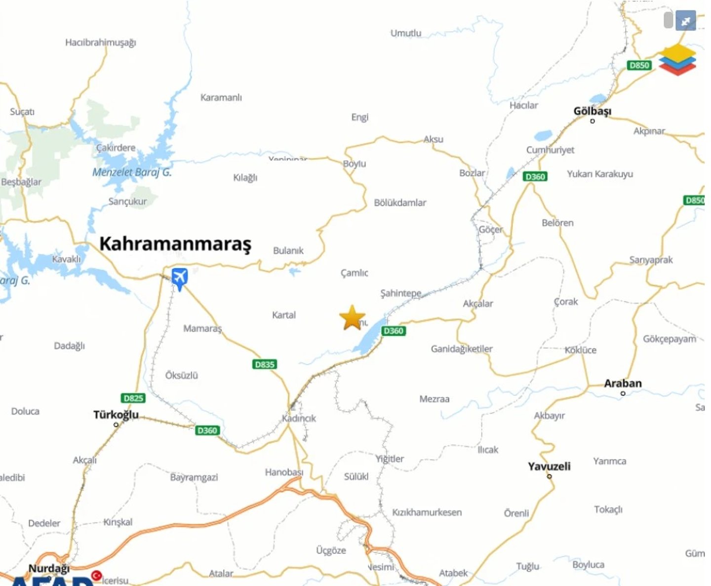 AFAD Kahramanmaraş deprem merkez üssü haritası