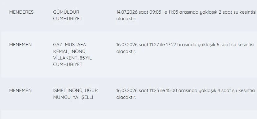 İZSU kesintileri listesi | 16 Temmuz İzmir'de su kesintisi var mı, nerelerde, sular ne zaman gelecek?