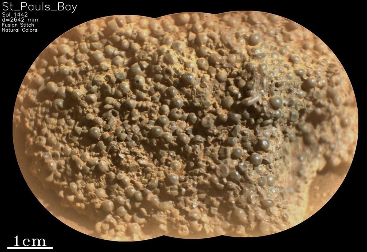 NASA'nın Mars Perseverance keşif aracından alınan bu görüntü, füzyon işleme tabi tutulmuş bir SuperCam Uzaktan Mikro Görüntüleyici (RMI) mozaiği olup, Jezero kraterinin alt Cadı Fındığı Tepesi bölgesinden alınan "St. Pauls Körfezi" hedefinin bir kısmını göstermektedir. Görüntü, kayayı oluşturan yüzlerce tuhaf, küresel şekilli nesneyi ortaya koymaktadır.