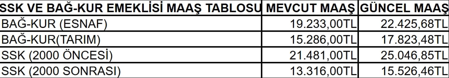 SSK VE BAĞ-KUR EMEKLİSİ MAAŞ TABLOSU