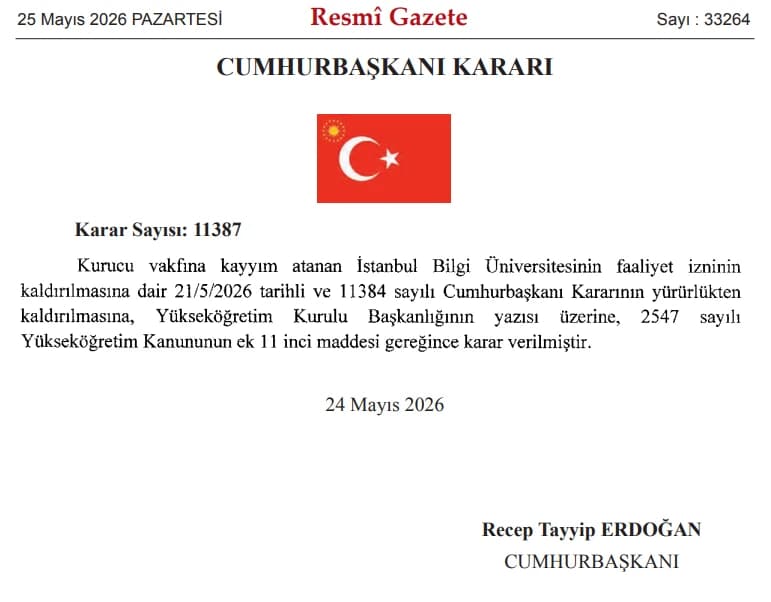 İstanbul Bilgi Üniversitesi’nin kapatılmasına ilişkin karar iptal edildi - Resmi Gazete