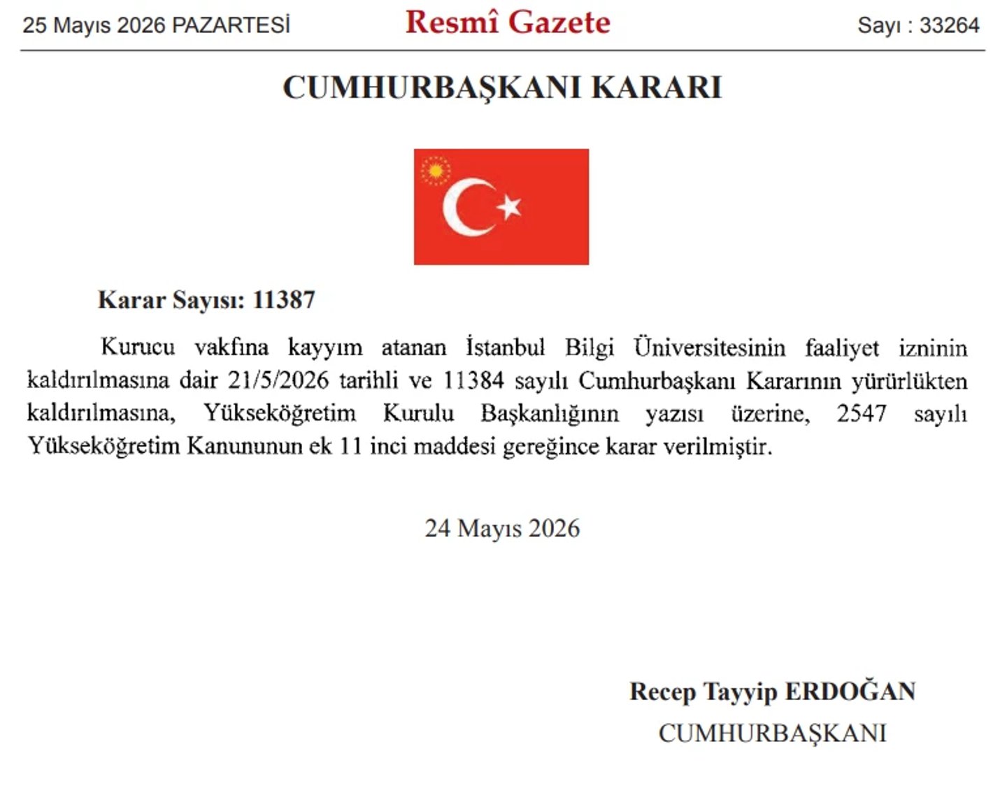 İstanbul Bilgi Üniversitesi’nin kapatılmasına ilişkin karar iptal edildi - Resmi Gazete