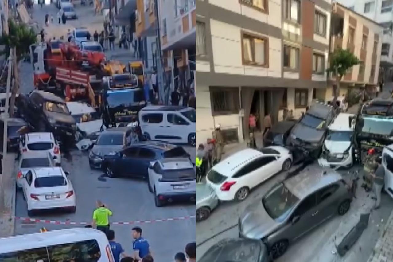 Yokuştan kayan vinç park halindeki 23 araca çarptı