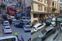 Yokuştan kayan vinç park halindeki 23 araca çarptı