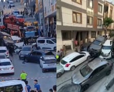 Yokuştan kayan vinç park halindeki 23 araca çarptı