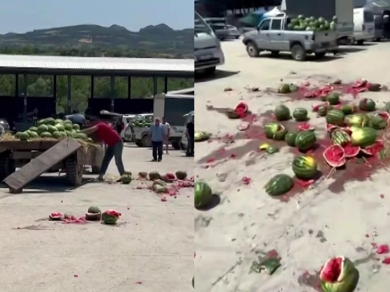 Römork dolusu karpuzu yere atarak parçaladı