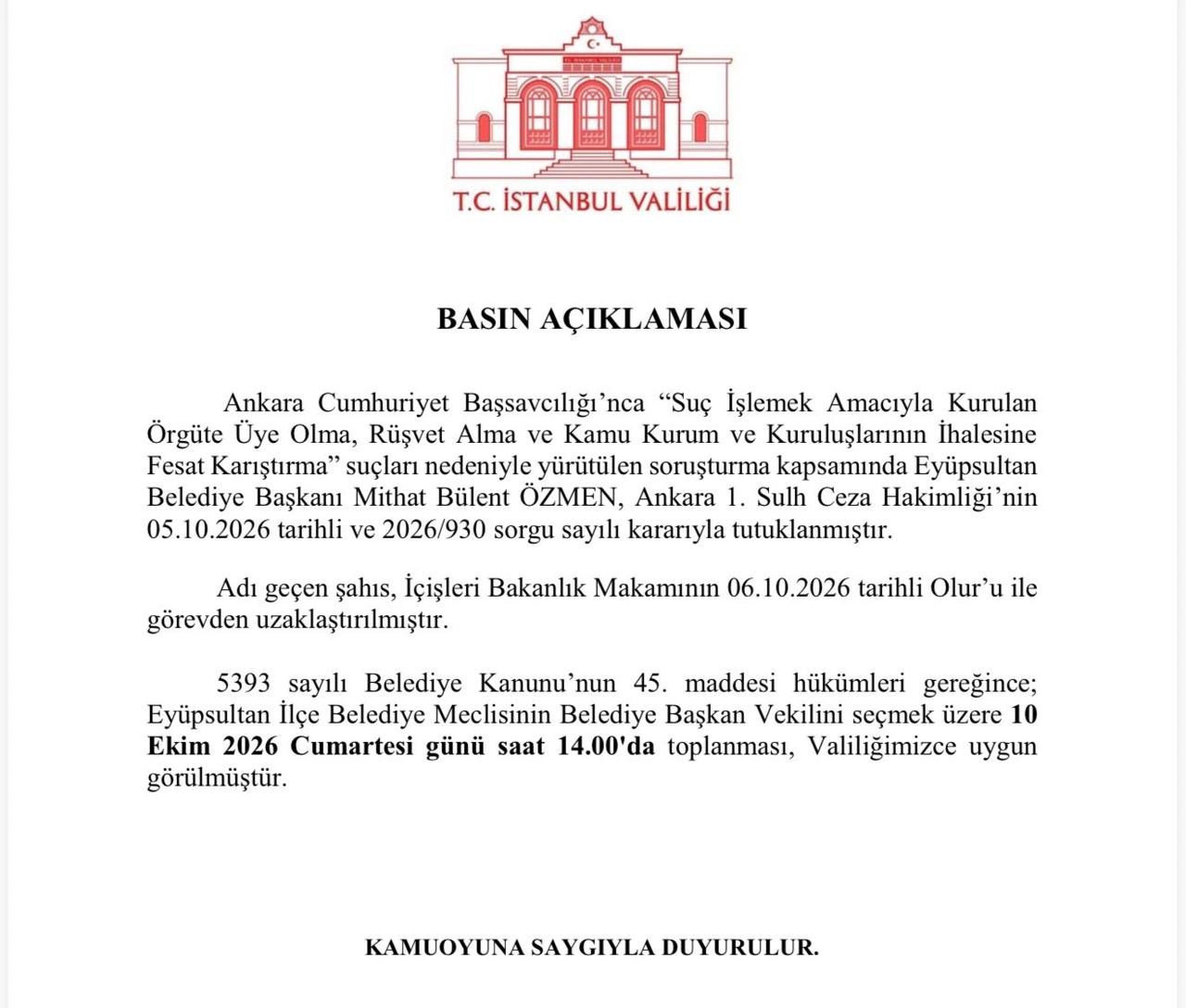Eyüpsultan Belediye Başkanı görevden uzaklaştırıldı