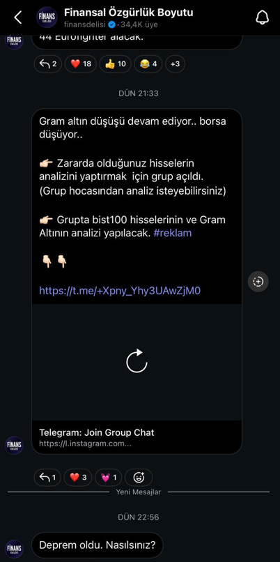 Finans Delisi'nin Instagram kanalından sponsorlu paylaşılan Telegram linki 