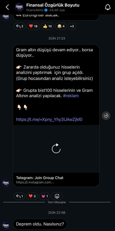 Finans Delisi'nin Instagram kanalından sponsorlu paylaşılan Telegram linki 